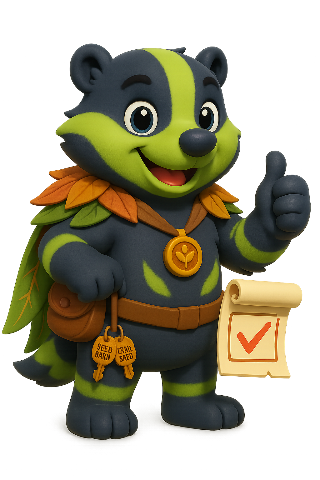 Bramble the mystical badger with satchel and scrolls, symbol of responsibility in kids’ stories.