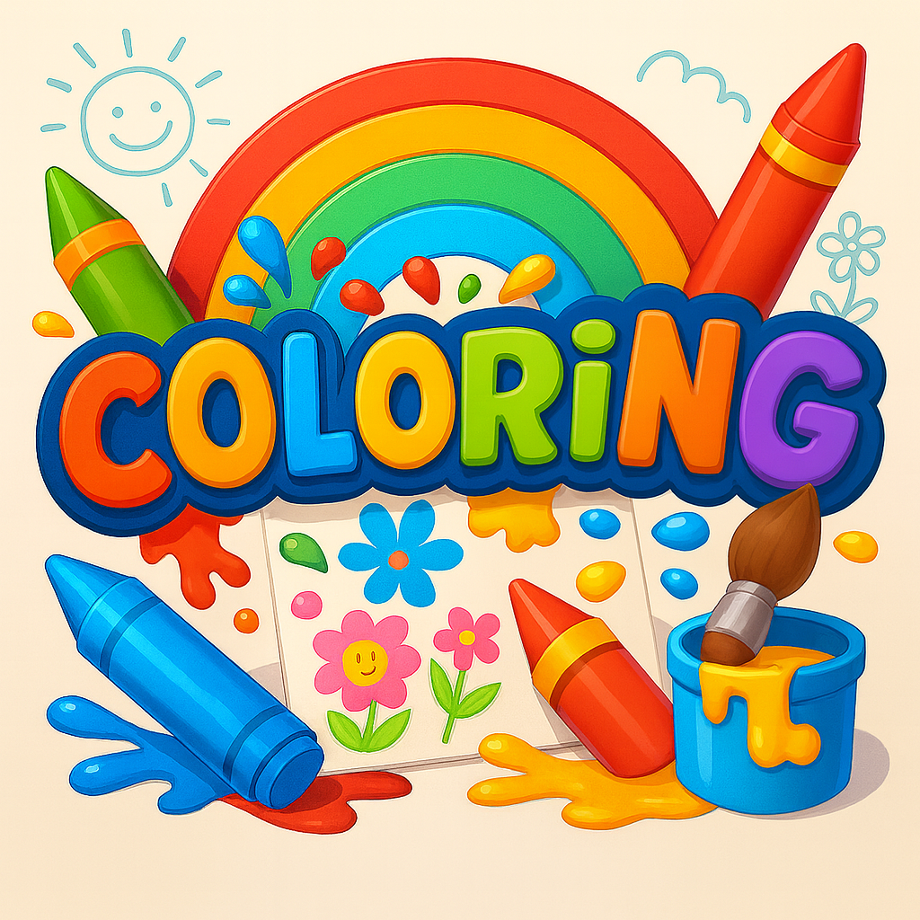 Colorful illustration: rainbow, crayons, paint, flowers, and the word 