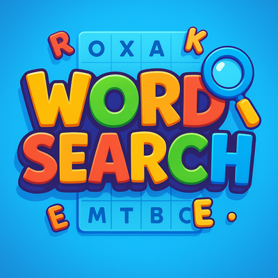 Word Search game logo with colorful text and magnifying glass on a blue background.