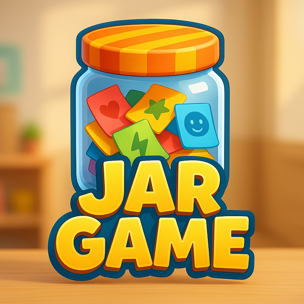 Jar Game logo: a glass jar filled with colorful cards, orange lid, blue outline, and yellow text.