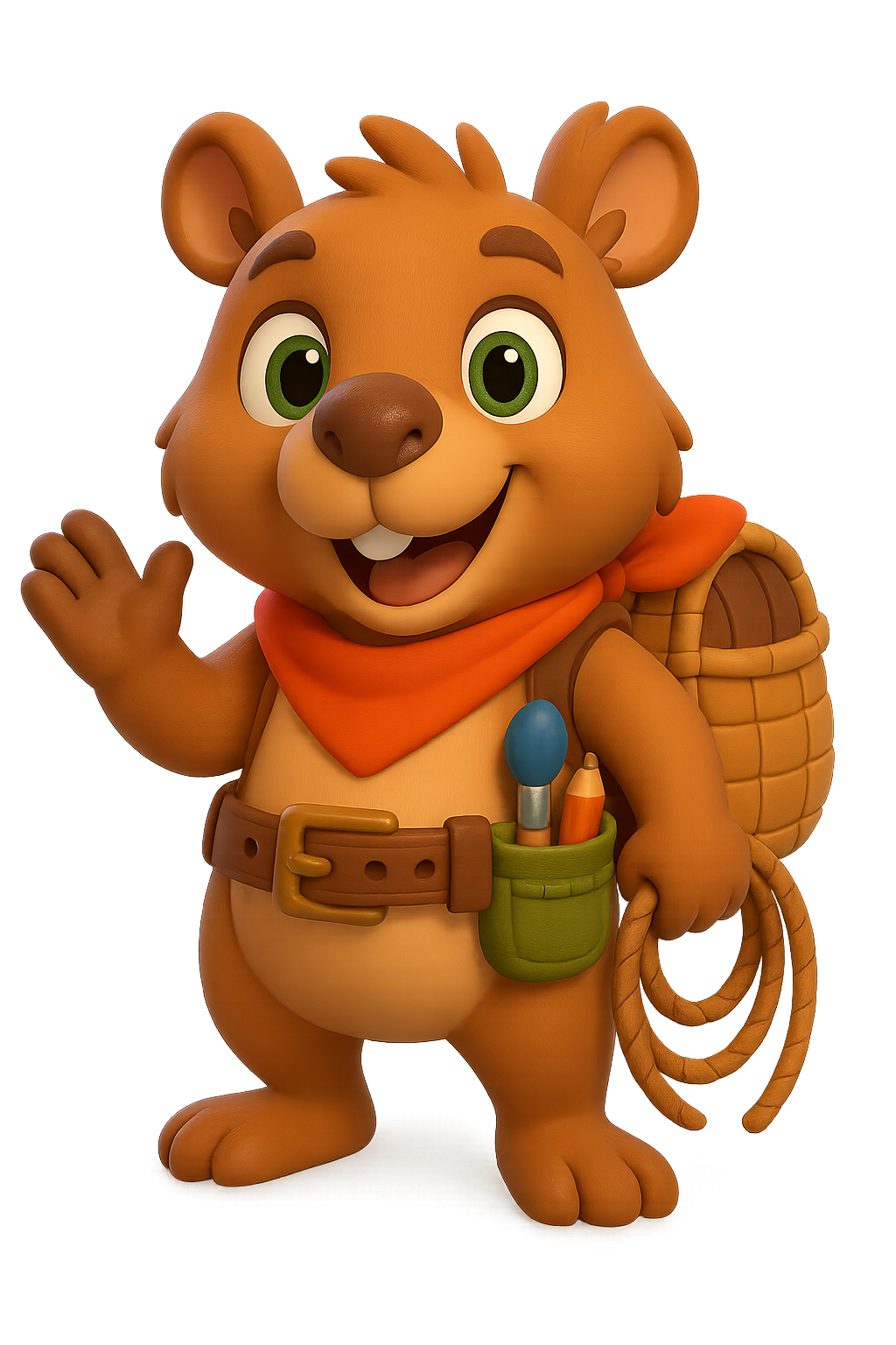 Cammie the capybara with tool-belt and backpack, symbol of cooperation and teamwork in Tiny Tales Land kids’ stories.