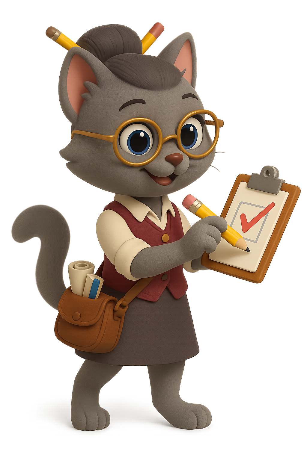 Cordelia the silver-grey cat with glasses and scrolls, symbol of self-discipline in children’s stories.