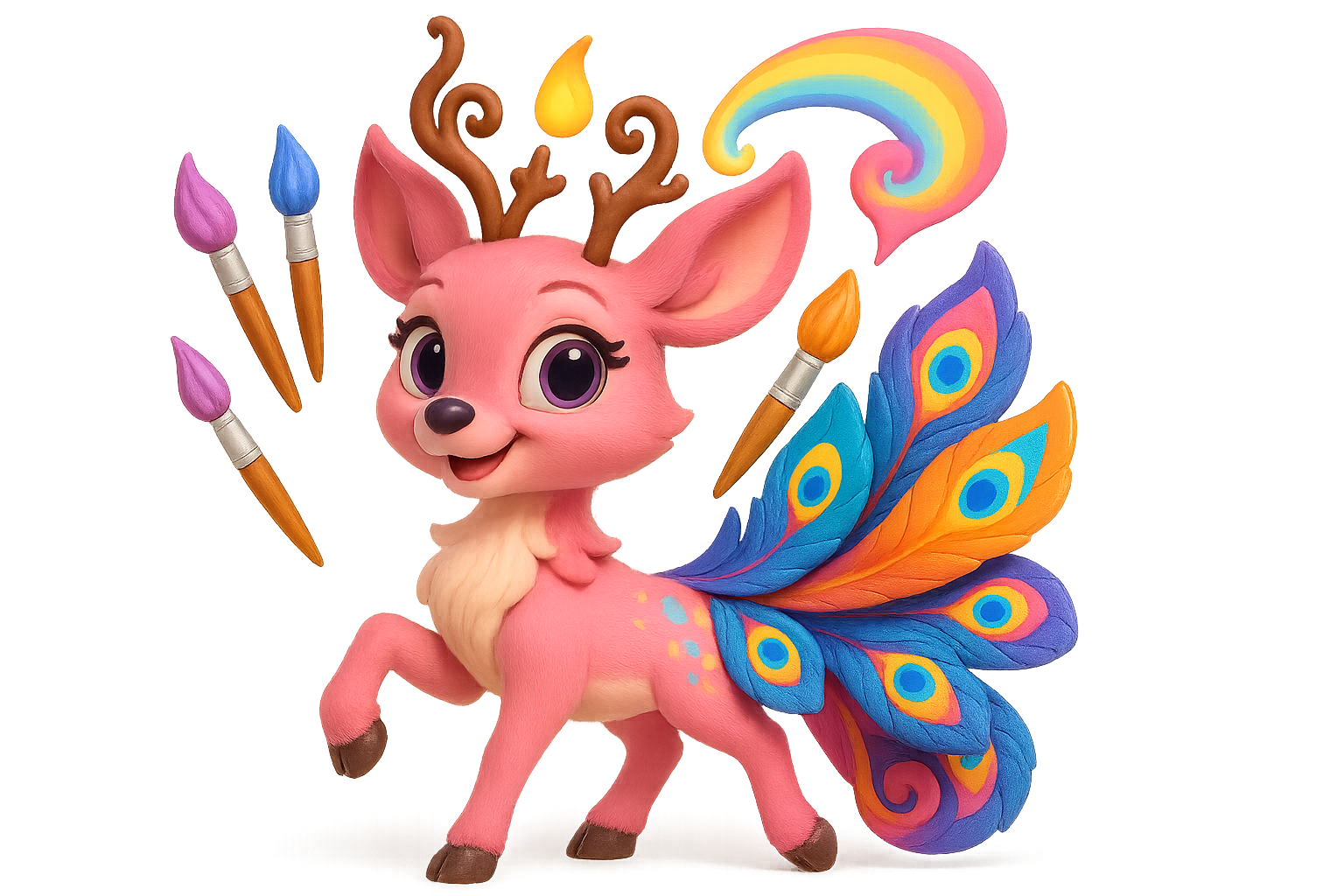 Inspira the pastel deer-fox with paintbrush tail, symbol of creativity in kids’ fairy tales.