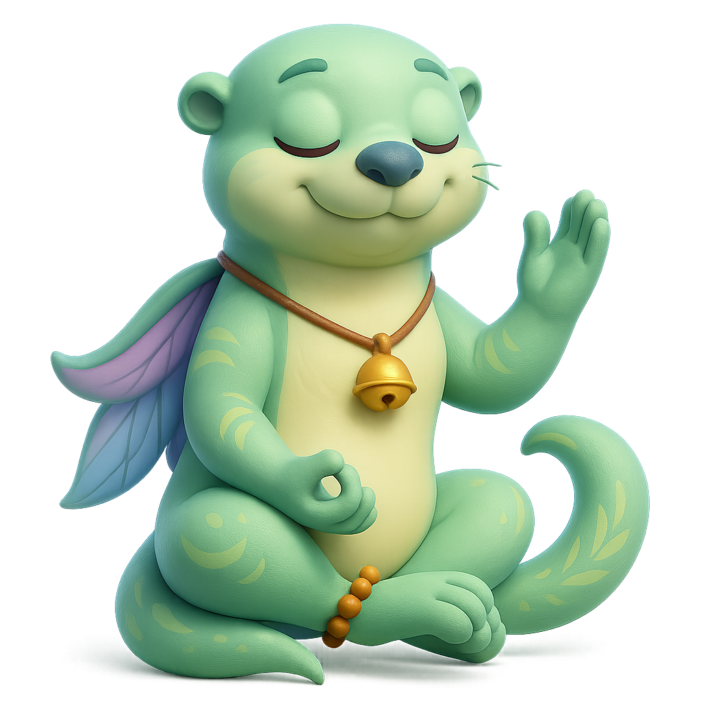 Mura the seafoam otter with lotus shawl, symbol of mindfulness in kids’ stories.