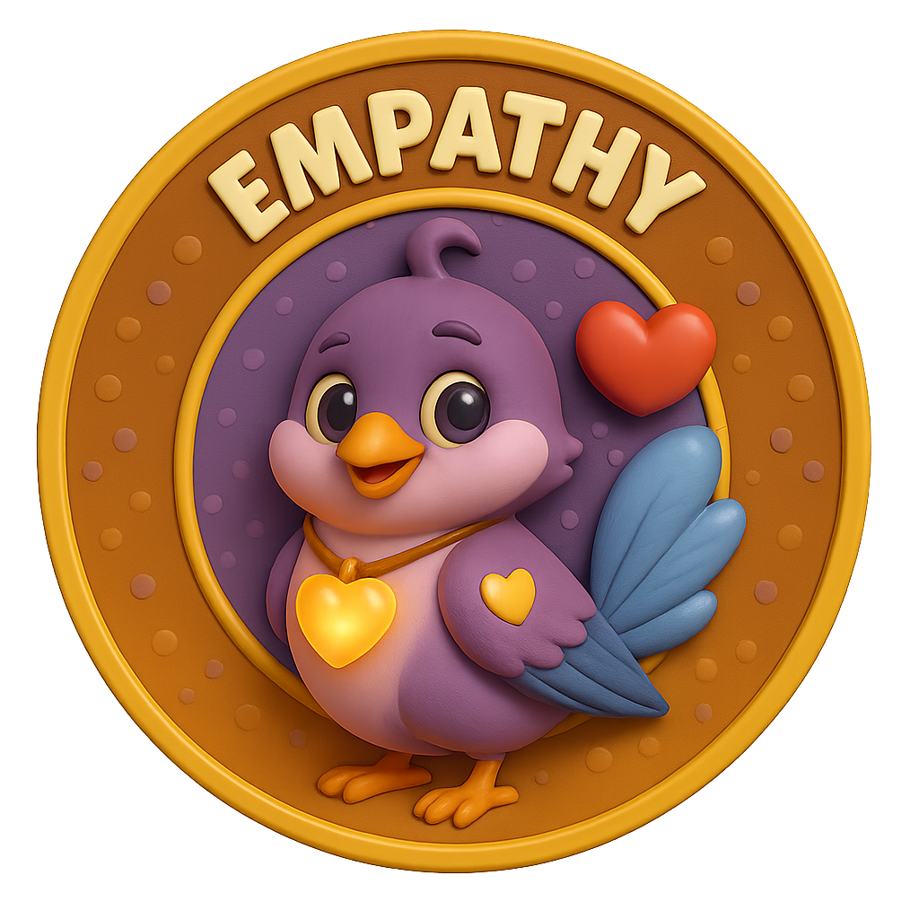 3D cartoon-style empathy badge of a purple bird holding a glowing pendant with a heart symbol.