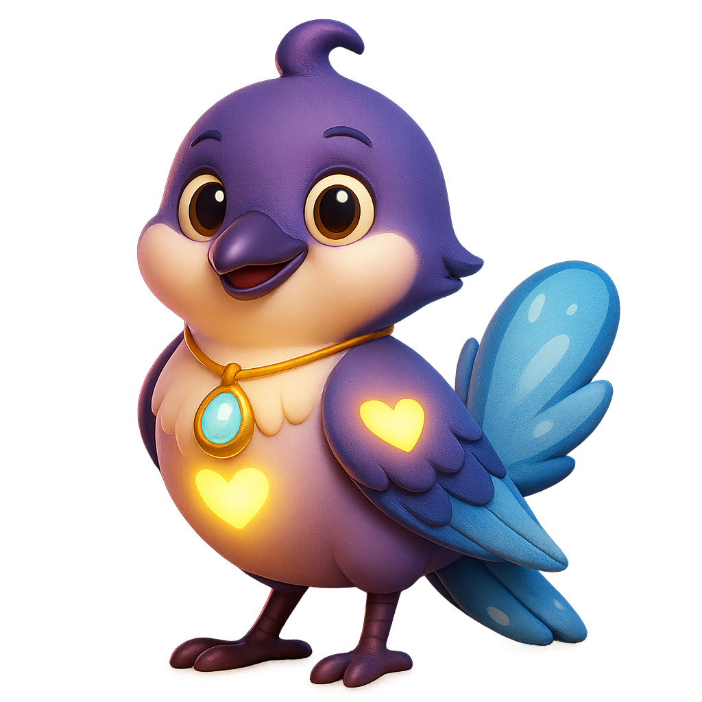 Mira the shimmering magpie with heart-shaped chest, symbol of empathy in kids’ fairy tales.