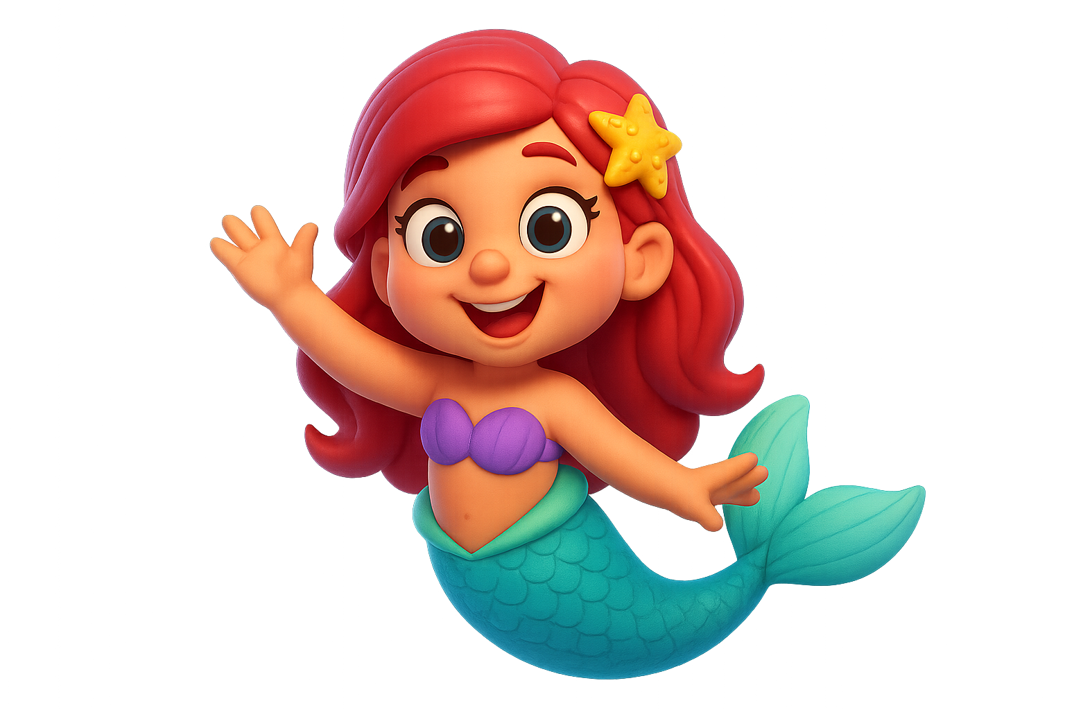 Illustration of Marina the Mermaid with shimmering blue-green scales, flowing hair, and a gentle smile, sitting on a rock by the sea.