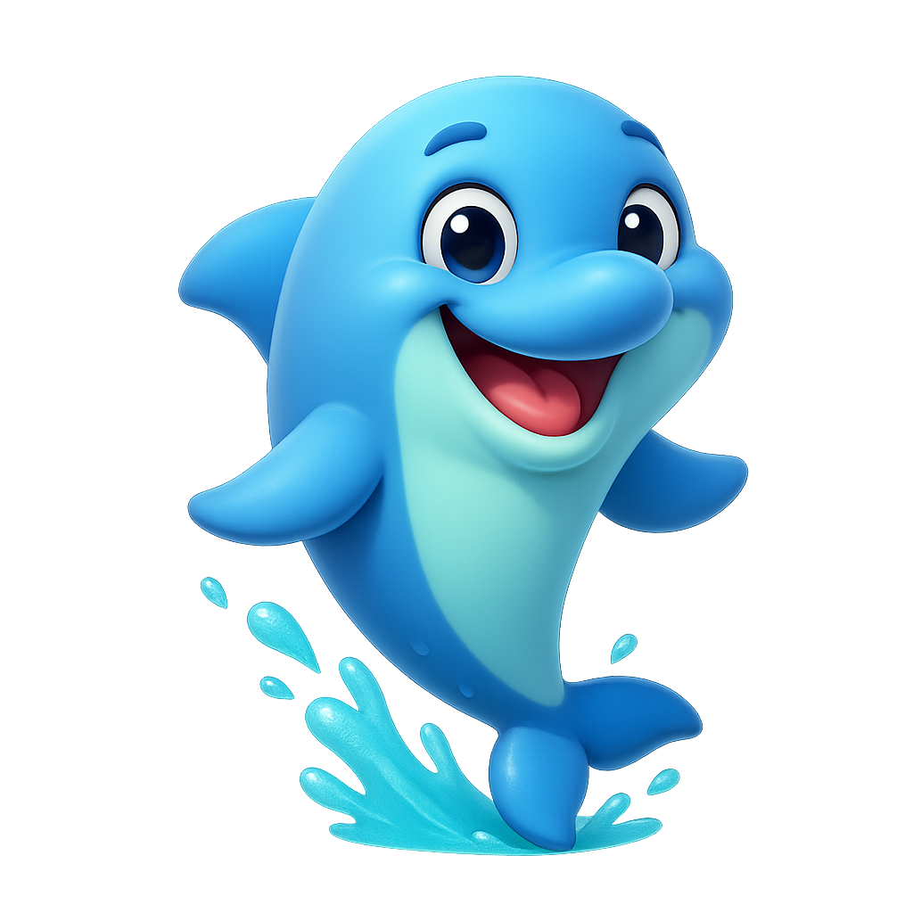 Illustration of Delphy the Dolphin jumping from the sea with a big smile, sparkling water droplets around her in the sun.