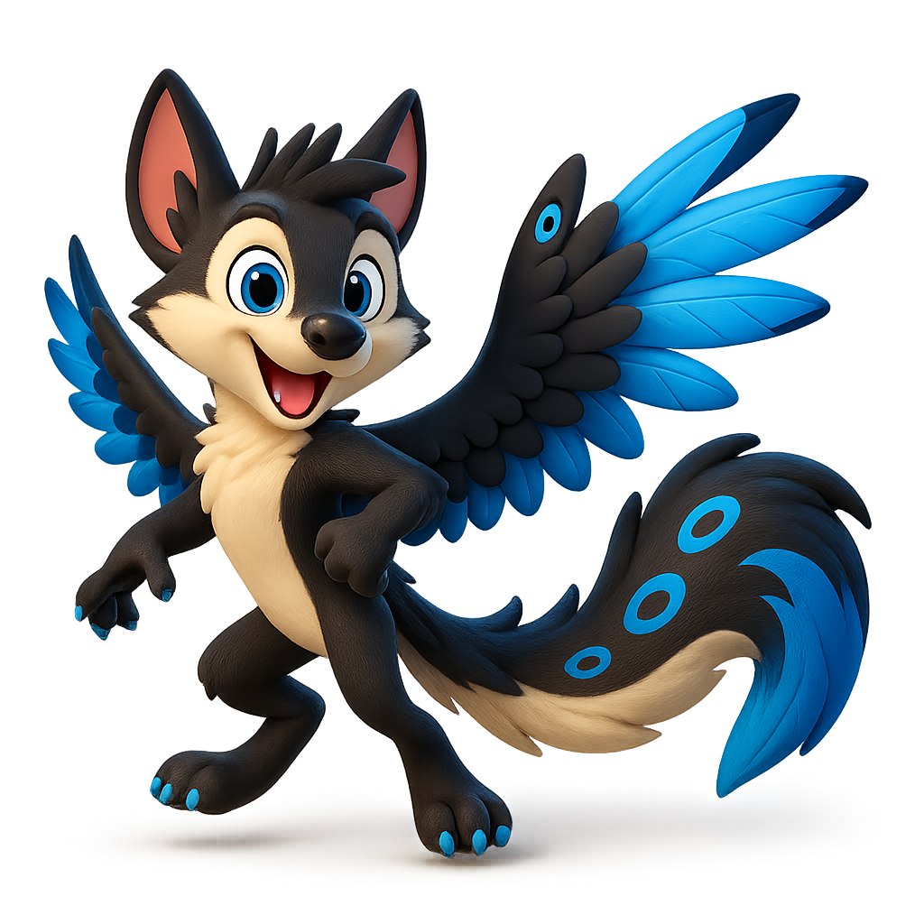 Illustration of Max the Sky Fox, a flying fox hybrid with sleek grey fur, blue-tipped wings, and a windswept, adventurous pose mid-flight.