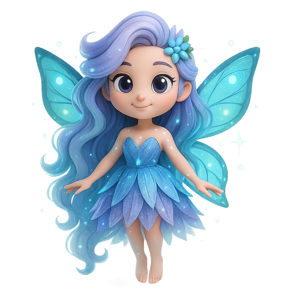 Illustration of Lyria, a glowing sprite-fairy with lavender hair, shimmering aqua wings, and a gown of magical petals.