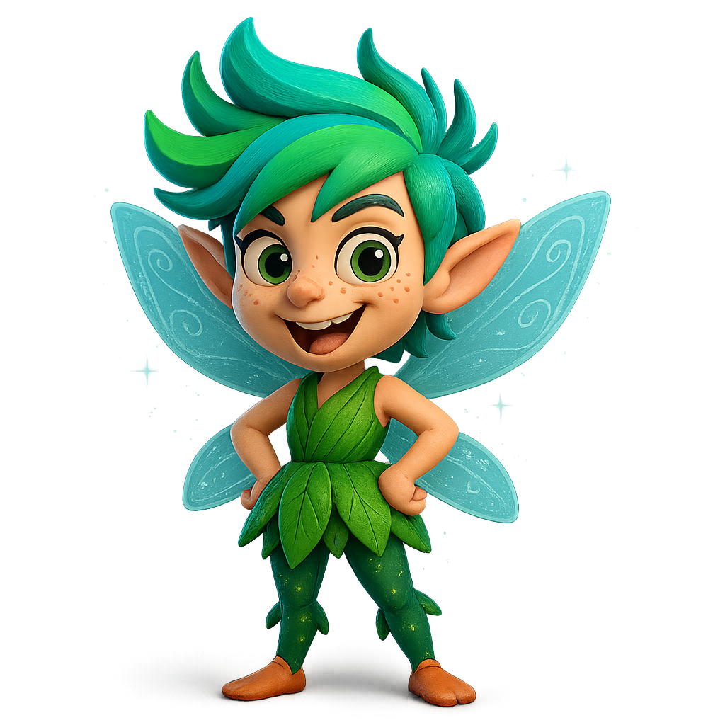 Illustration of Teena, a pixie with spiky blue-green hair, glowing wings, and a leafy tunic, radiating playful energy.