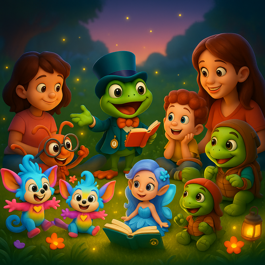 Cartoon characters and children gathered outdoors, listening to a frog reading a book, under a night sky.