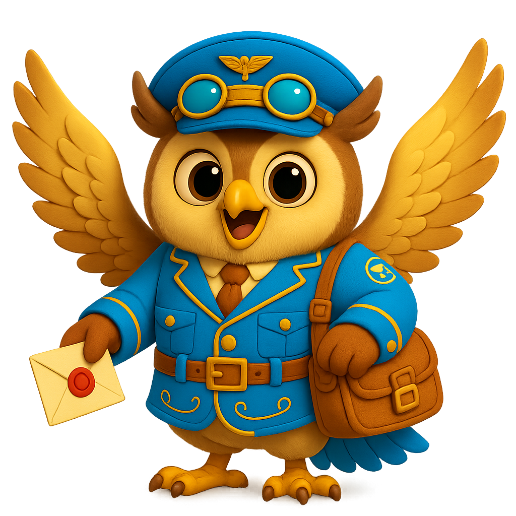 Owl mail carrier in blue uniform, holding a letter, with a bag on his side, and aviator goggles.