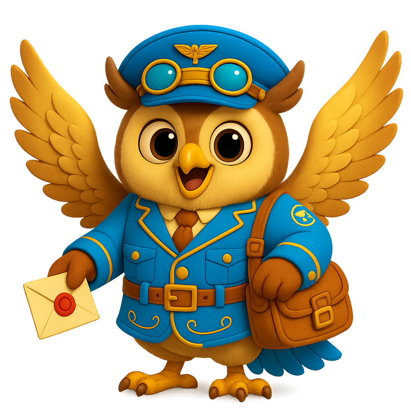 Owl mail carrier in blue uniform, holding a letter, with a bag on his side, and aviator goggles.