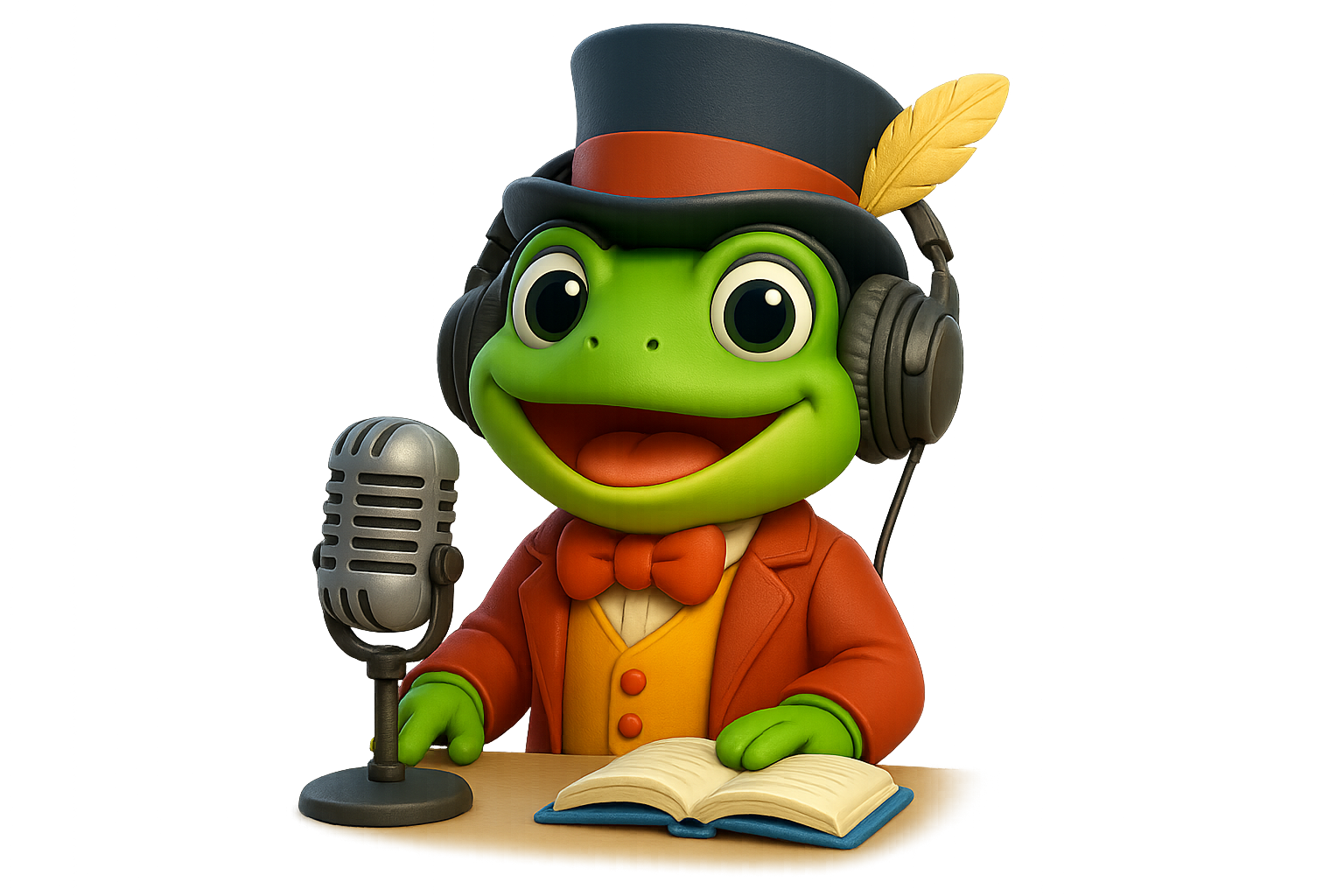 A green frog in a top hat and headphones, sits at a desk with a microphone and book, smiling.