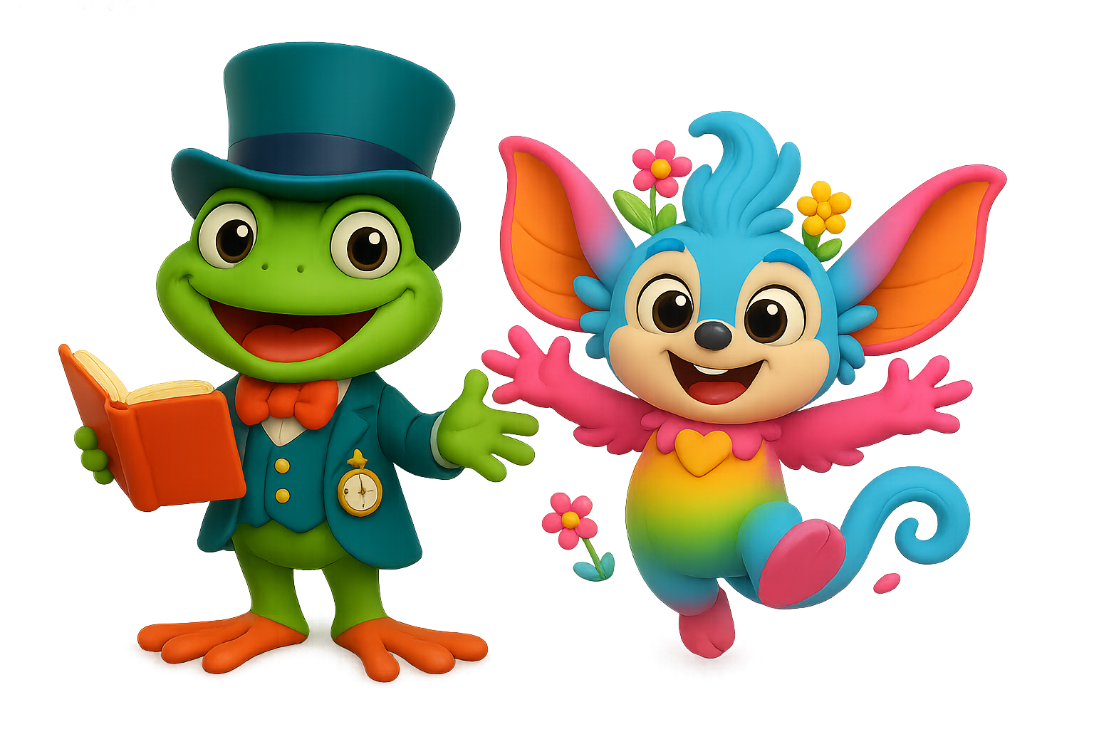 A green frog in top hat and a blue creature dancing, both smiling with flowers.