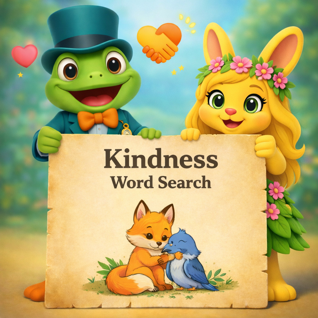 Tiny Tales Land kindness word search printable cover with Junior and Leafy holding a blank parchment sign with kindness icons
