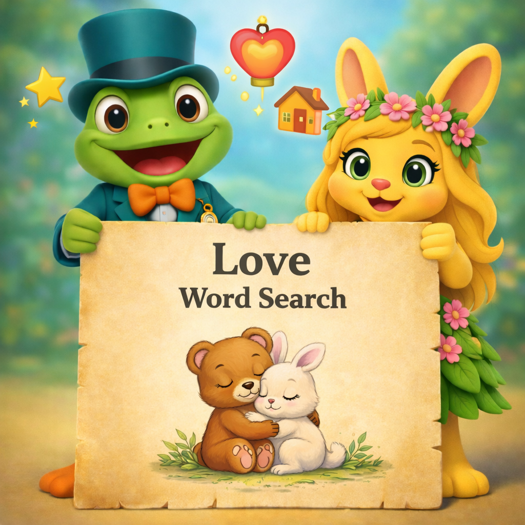 Tiny Tales Land love word search printable cover with Junior and Leafy holding a blank parchment sign with heart themed icons
