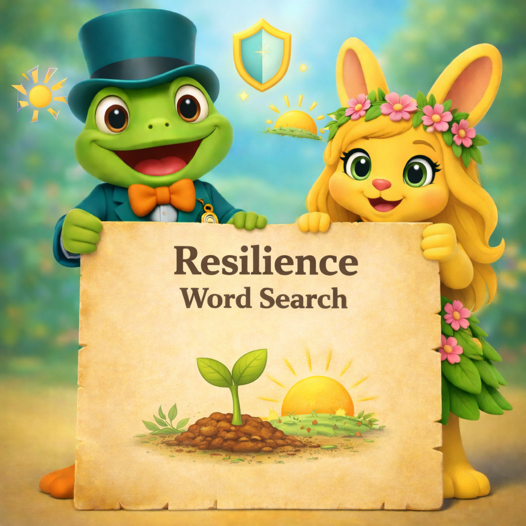 Tiny Tales Land resilience word search printable cover with Junior and Leafy holding a blank parchment sign with sprout and sunrise icons