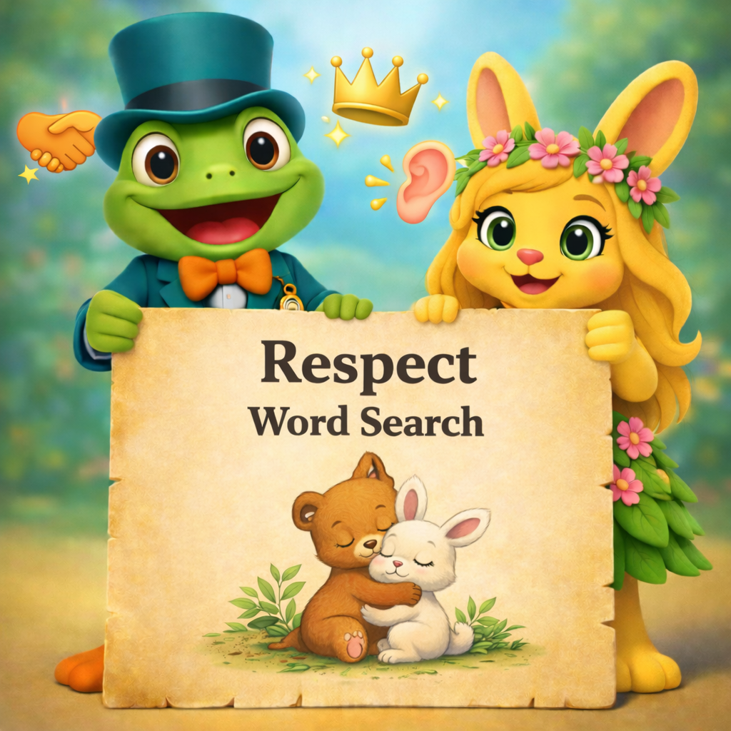 Tiny Tales Land respect word search printable cover with Junior and Leafy holding a blank parchment sign with handshake and listening icons