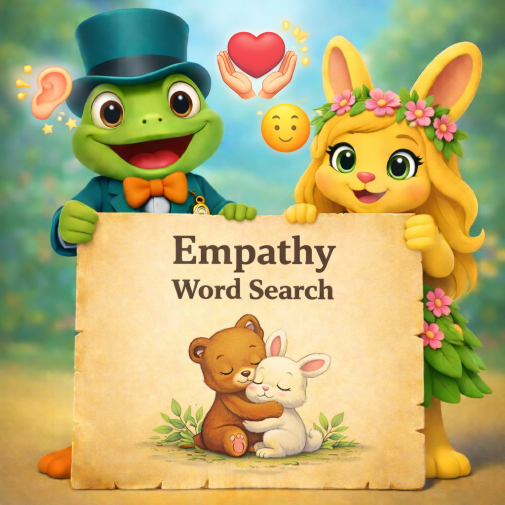 Tiny Tales Land empathy word search printable cover with Junior and Leafy holding a blank parchment sign with empathy icons