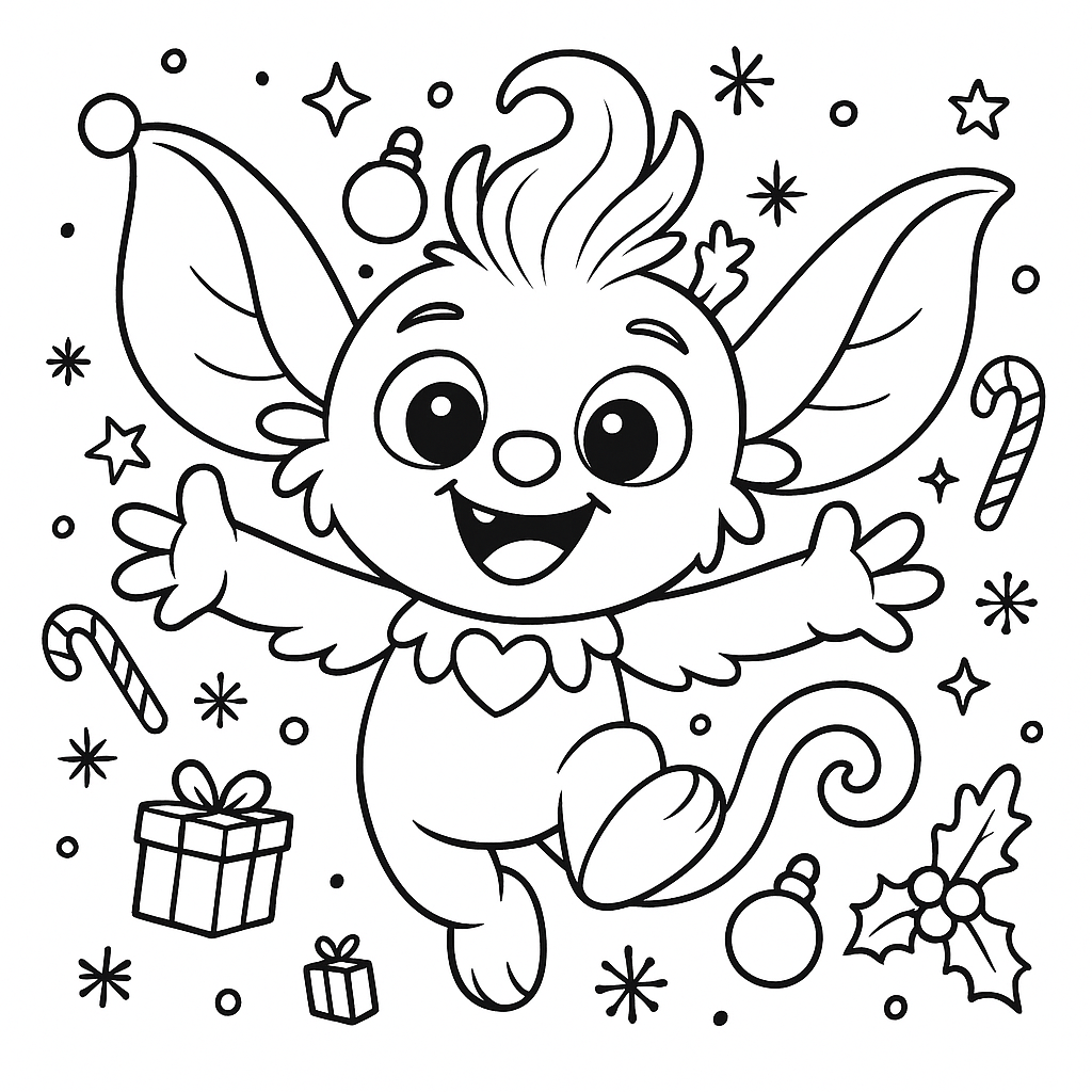 Pixie from Tiny Tales Land jumping with a big smile in a Christmas scene surrounded by simple gifts, stars and snowflakes drawn as clean line art for kids to color.