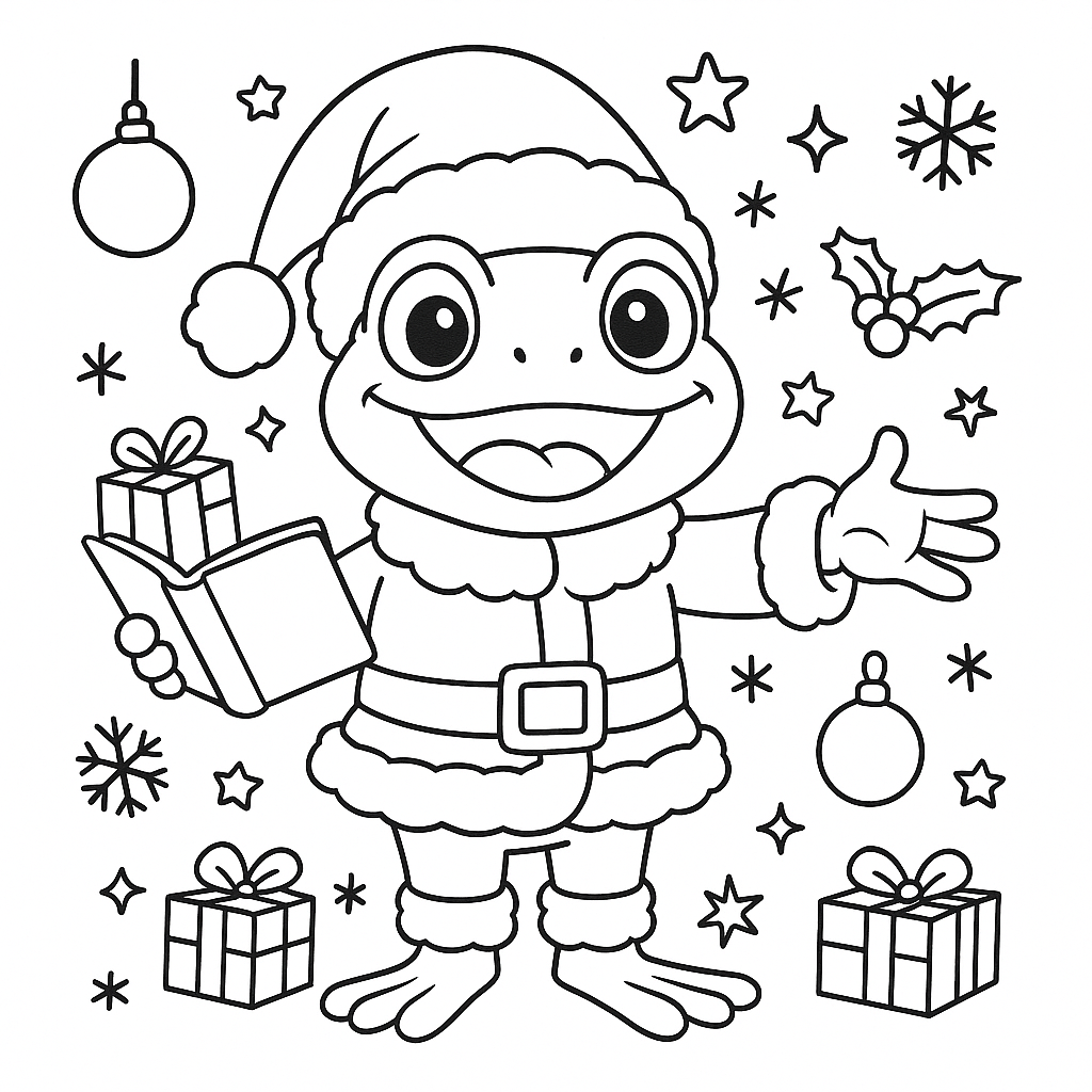 Line art of Junior the frog from Tiny Tales Land dressed as Santa, holding a book and surrounded by stars, snowflakes, ornaments and gifts in a simple square Christmas coloring page. 