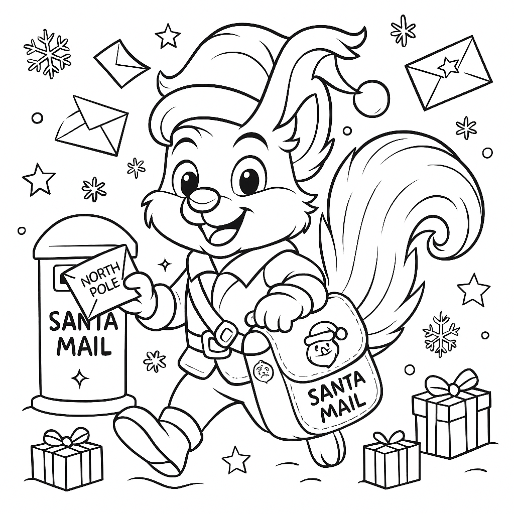 Line art of Scooter the squirrel from Tiny Tales Land dressed in festive mail carrier gear, running with a Santa mail bag and letters, surrounded by snowflakes, stars and gift boxes in a square Christmas coloring page