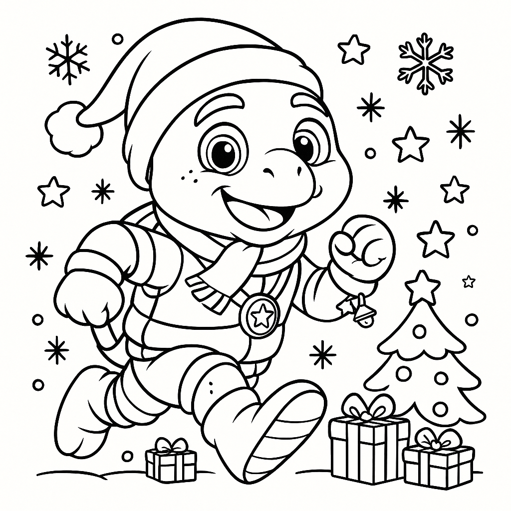 Line art of Rumi the turtle from Tiny Tales Land dressed in a Santa hat and scarf, running happily past a Christmas tree and gift boxes, surrounded by stars and snowflakes in a square coloring page.