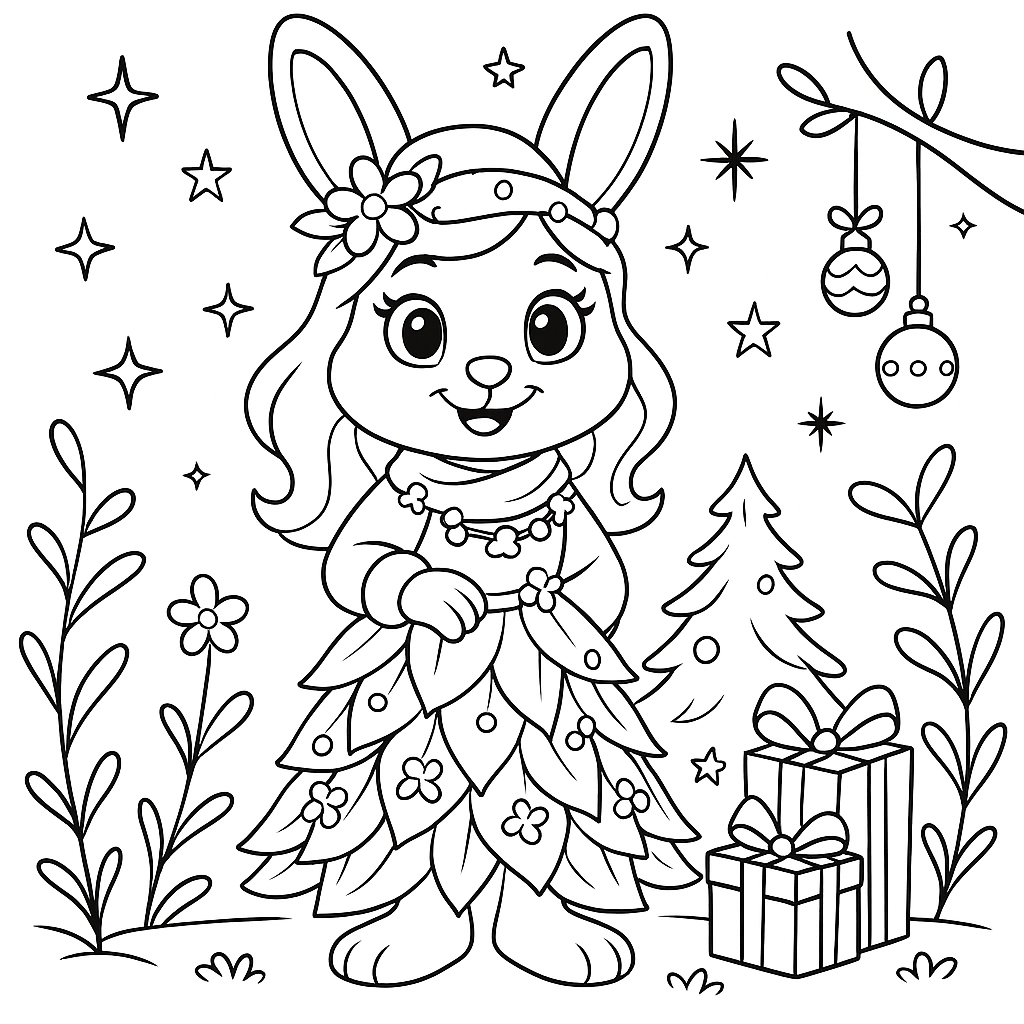 Line art of Leafy the rabbit from Tiny Tales Land wearing an elegant Christmas tree style dress in a garden, framed by plants, ornaments, stars and gift boxes in a square coloring page.