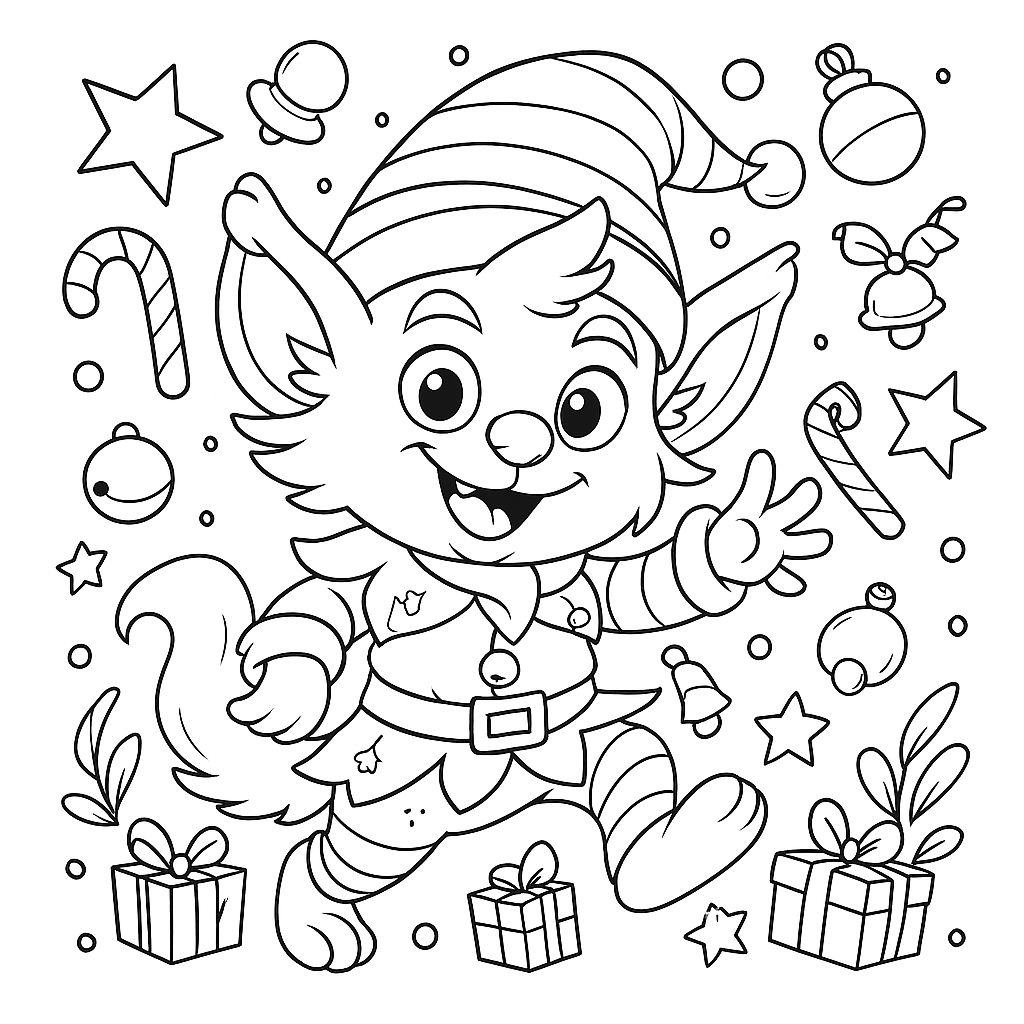 Line art of Snoggle from Tiny Tales Land dressed as a mischievous Christmas elf, leaping happily among presents, candy canes, ornaments and stars in a square coloring page.