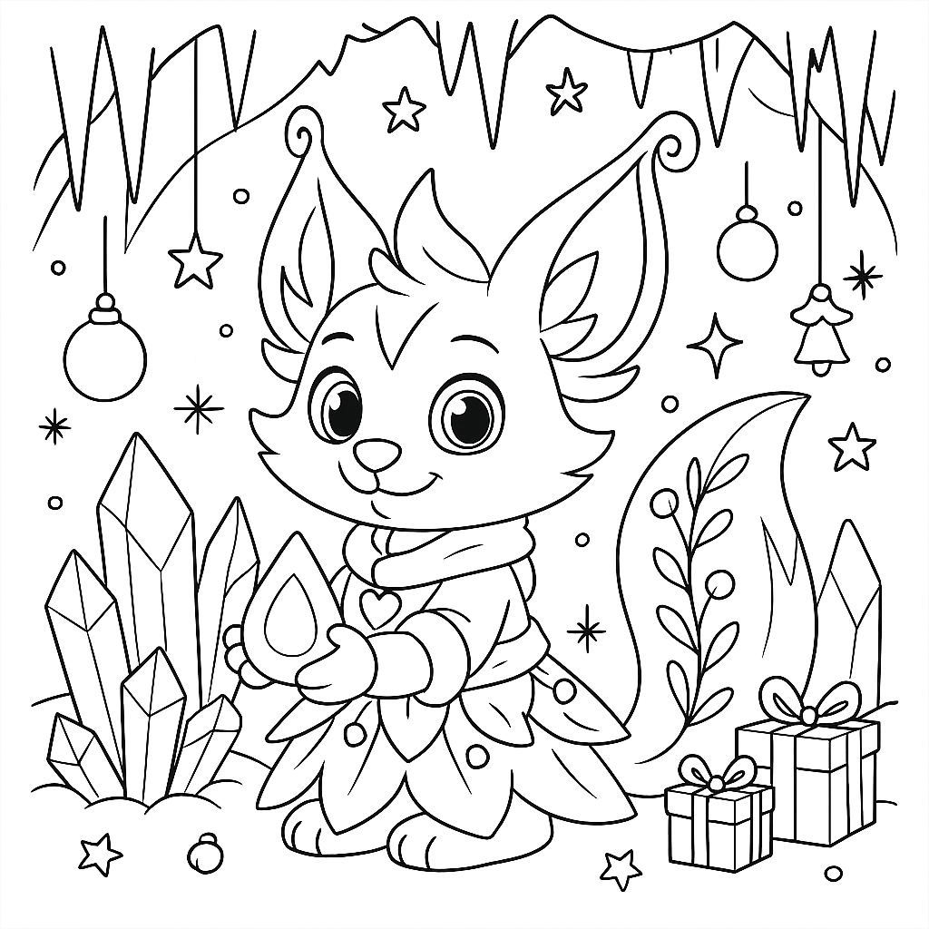 Line art of Willowdrop from Tiny Tales Land standing in the Crystal Caverns holding a teardrop charm, framed by crystals, ornaments, stars and gift boxes in a square Christmas coloring page.