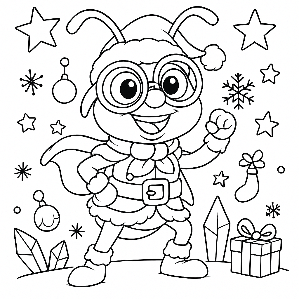 Line art of Anthony the Ant from Tiny Tales Land wearing a Santa hat, scarf and cape in a heroic pose, surrounded by ornaments, stars, snowflakes and a gift box in a square Christmas coloring page.
