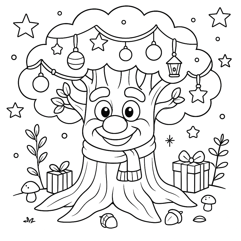 Line art of Alderwise the oak from Tiny Tales Land with a kind face, branches hung with baubles, stars and a lantern, plus small gifts and forest plants at his roots in a square Christmas coloring page.