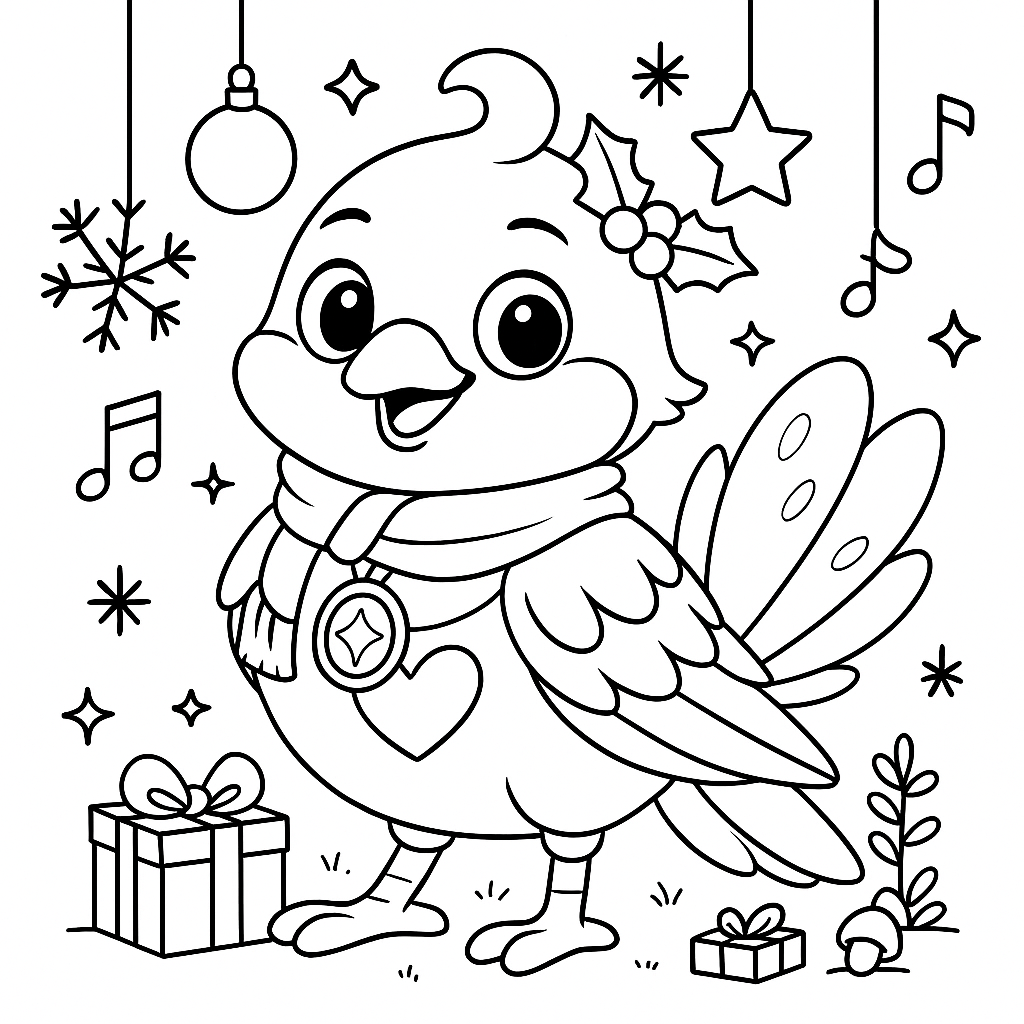 Line art of Mira from Tiny Tales Land wearing a scarf and holly, standing among hanging ornaments, snowflakes, music notes and gift boxes in a square Christmas coloring page.