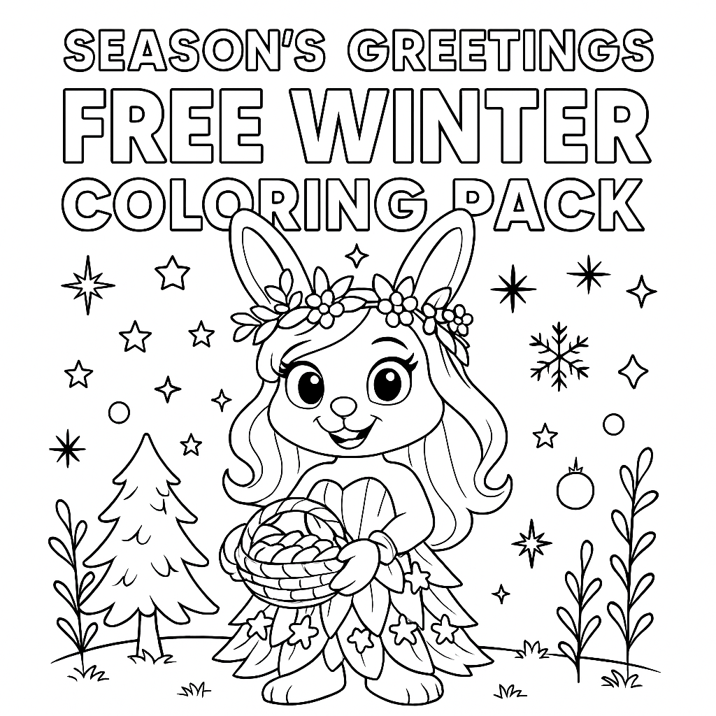 A cartoon bunny holding a basket, wearing a floral crown and leaf dress, surrounded by winter-themed decorations.