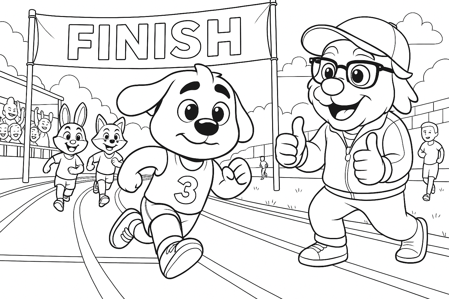 Line drawing of Joey the dog crossing the finish line with his coach cheering and other runners behind, designed as a printable colouring page for children.