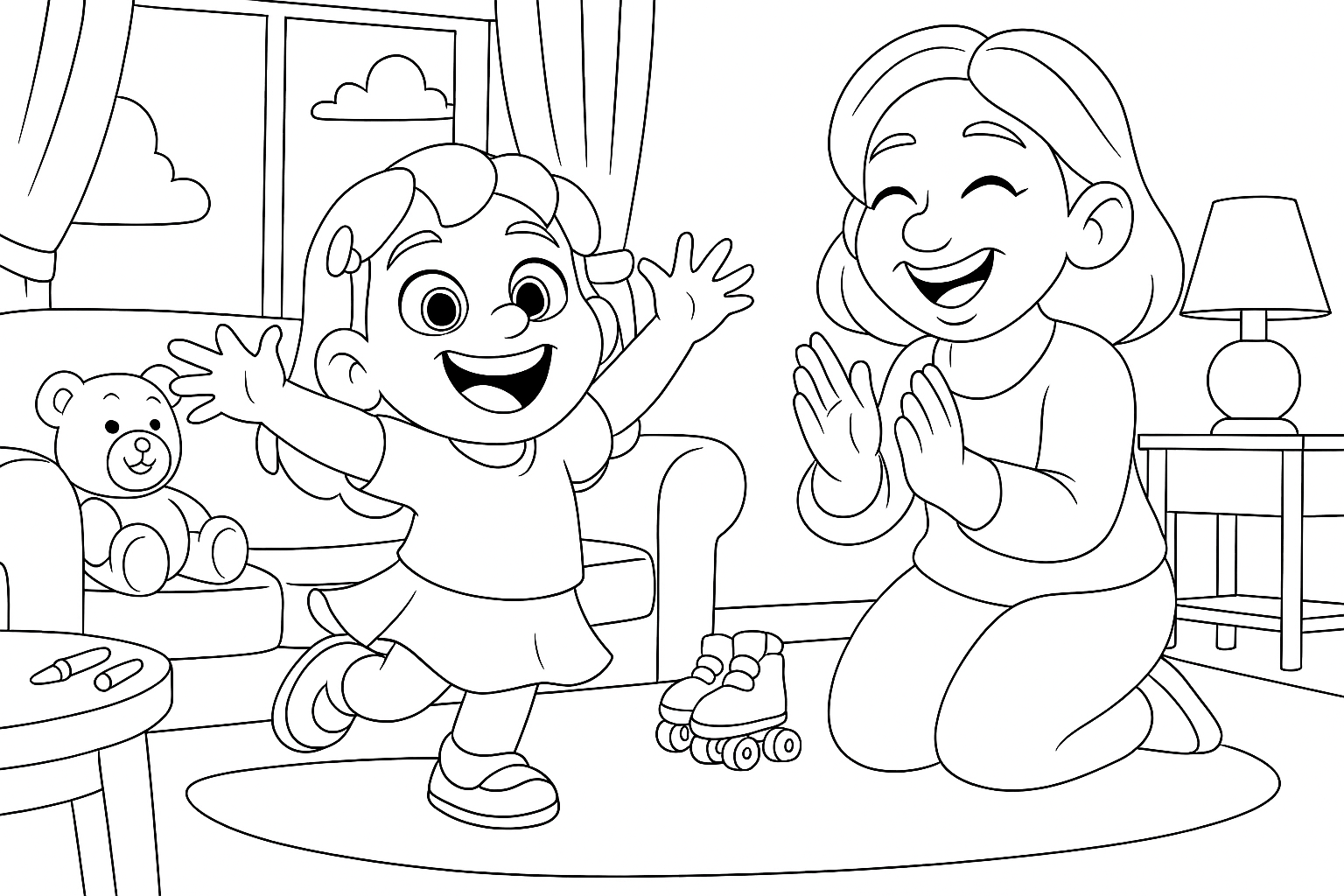 Line drawing of a young girl singing and twirling with arms raised while her smiling mother claps, with a teddy bear, crayons, and roller skates in the room, designed as a printable colouring page for children.