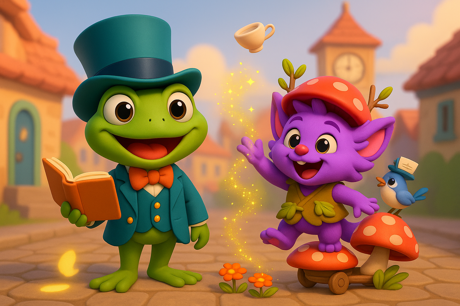 Snoggle stands on a mushroom cart as Junior smiles and tiny bells shimmer above the cobbles in warm morning light.