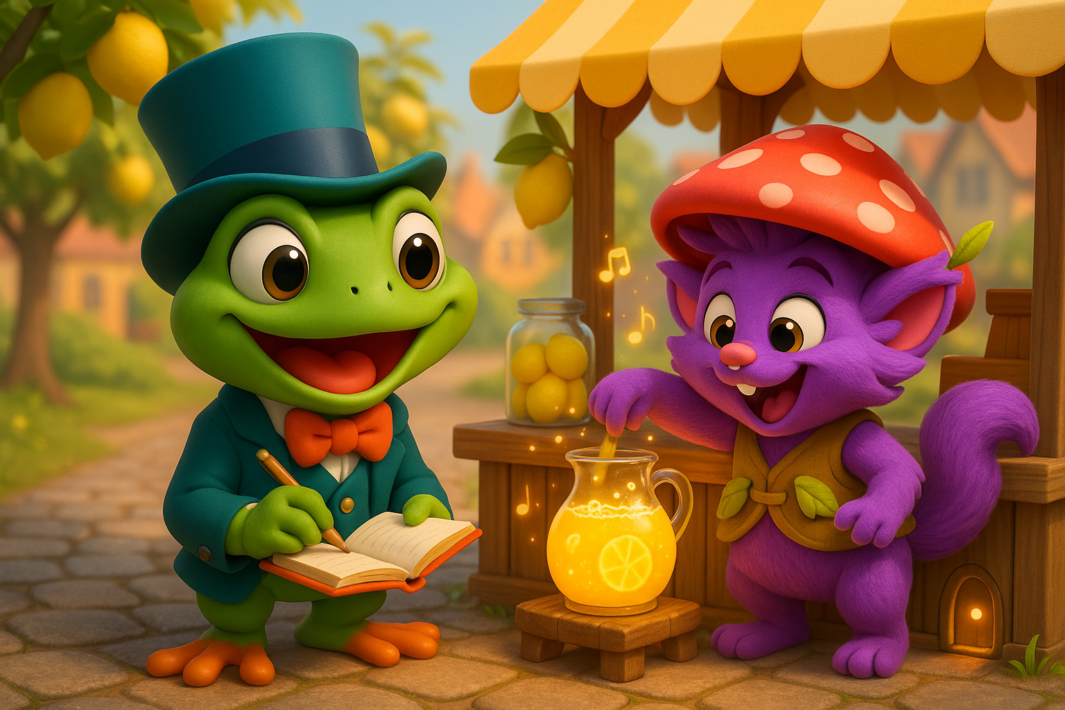 Snoggle and Junior stand by a lemonade stand with glowing prints and bright bubbles that sparkle in the sun.