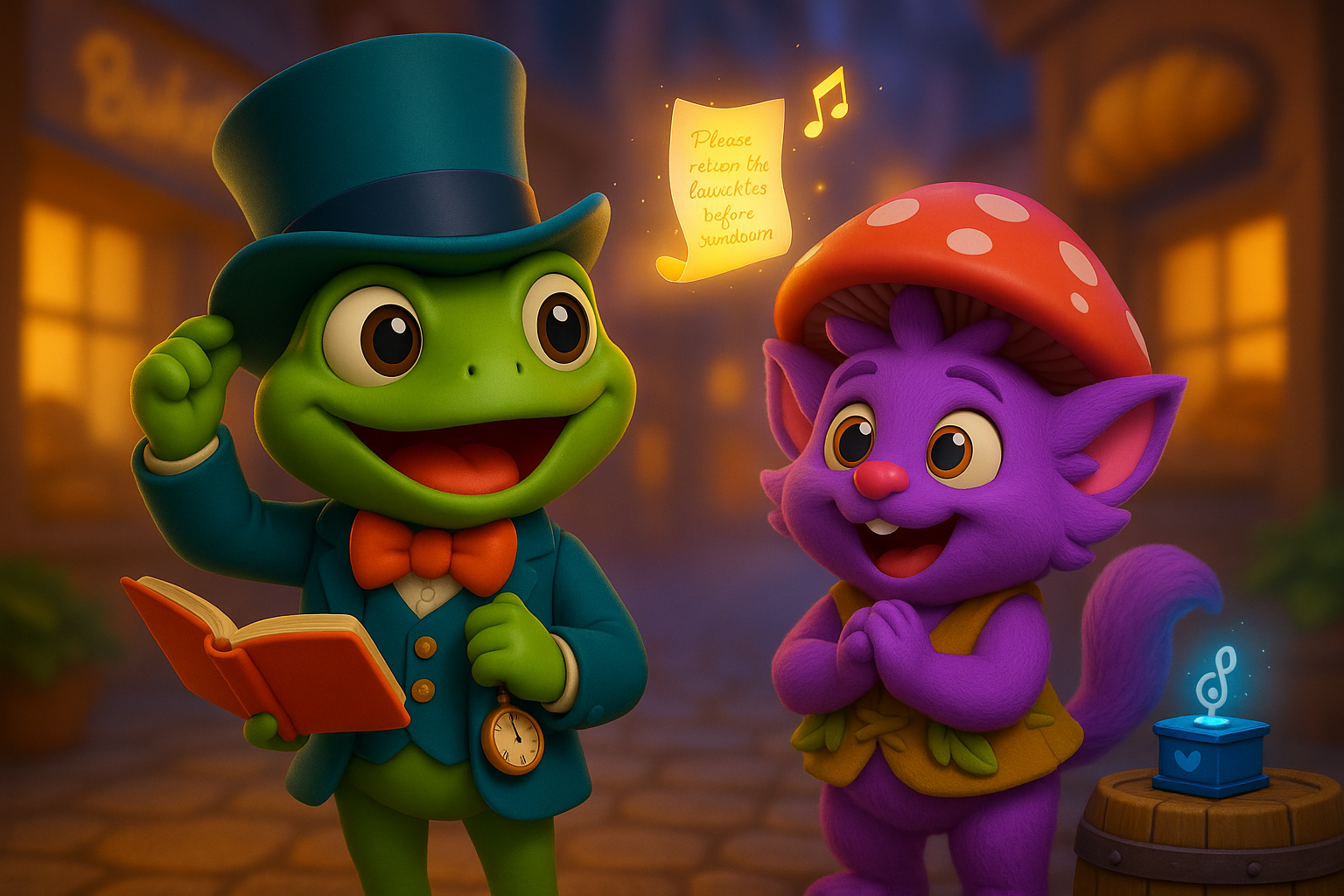 Junior reads a tiny note on a sparrow as Snoggle watches a blue glow from a small music box in a cozy alley.