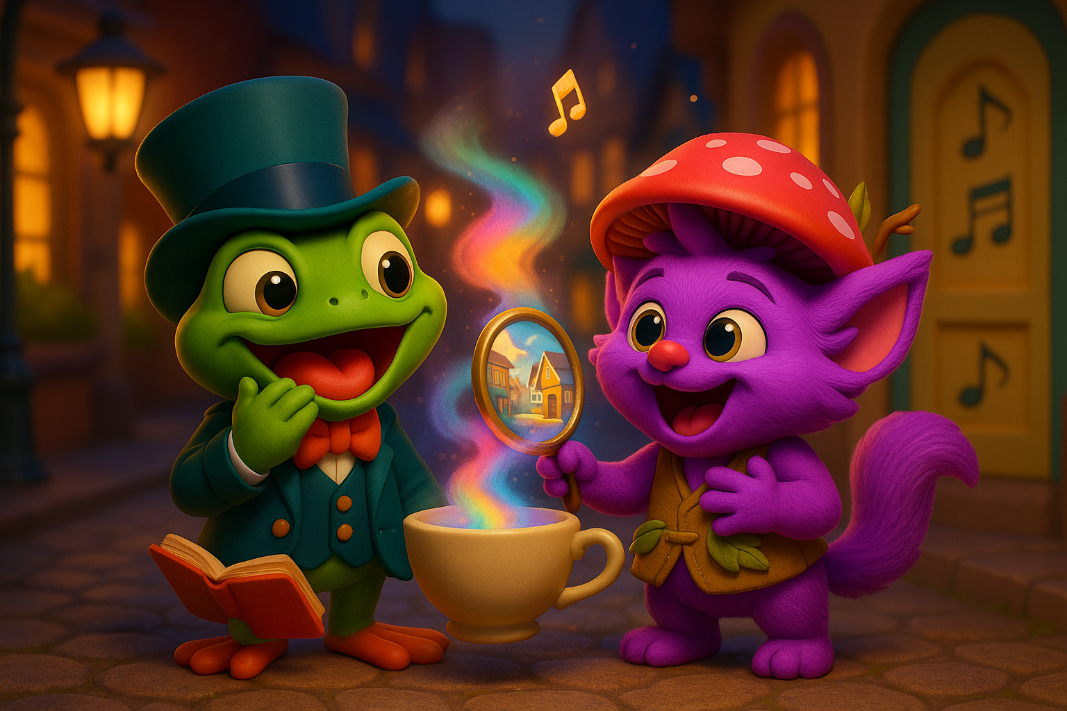 Snoggle holds a floating teacup while rainbow steam rises and Junior watches a painted door with musical notes.