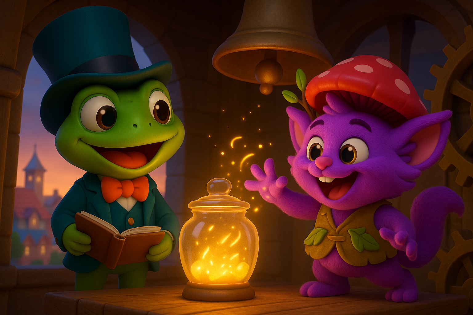 Snoggle and Junior stand near a tall bell and a glowing crystal jar at the top of the clock tower.