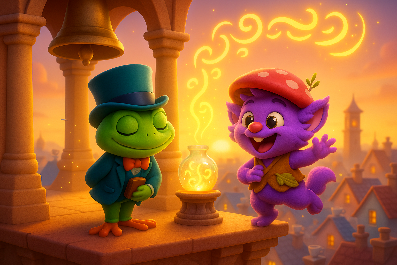 Snoggle and Junior sing near the bell as golden light spreads and rooftops shine with gentle joy.