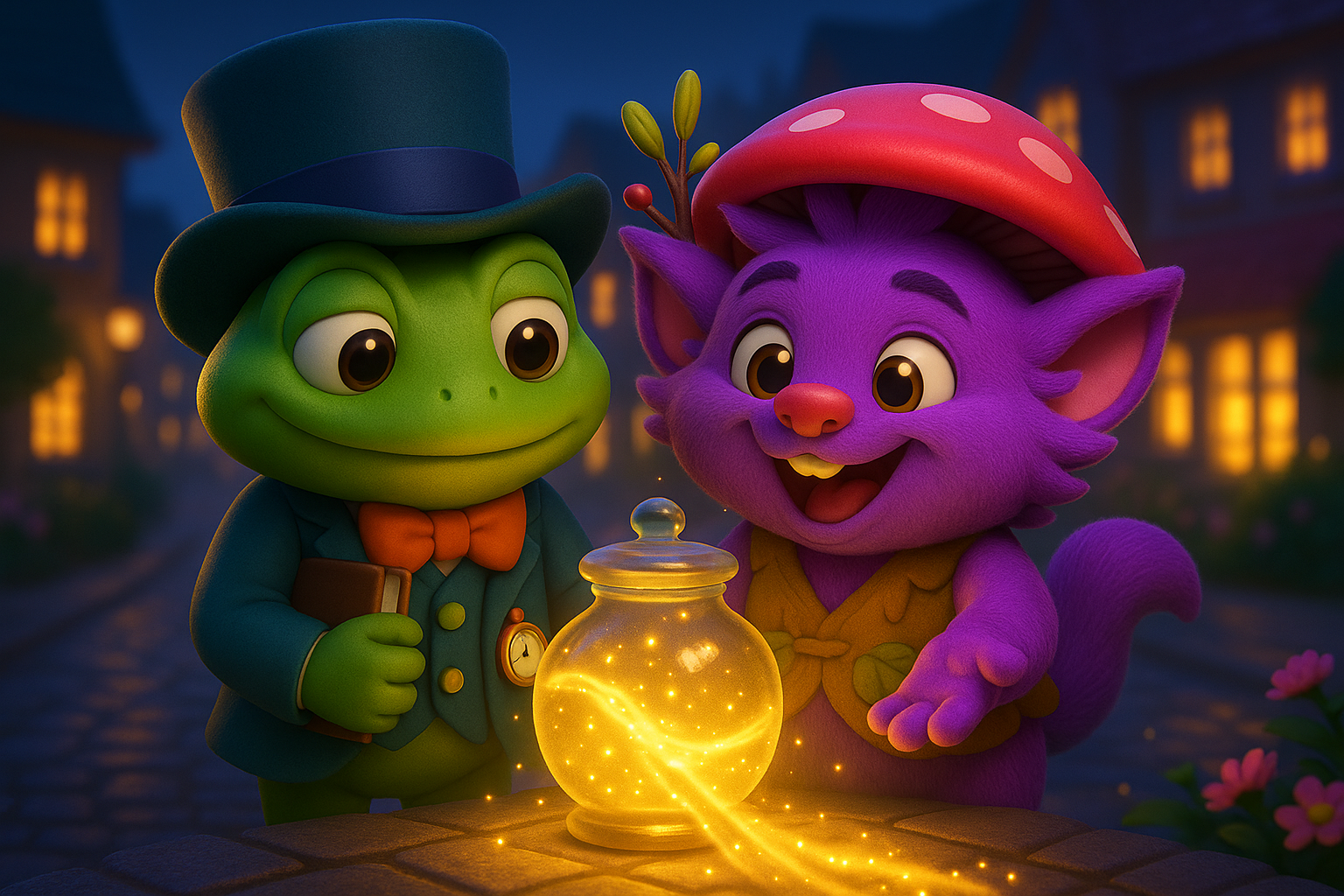 Snoggle and Junior share memories beside the glowing jar as kind light drifts over the rooftops.