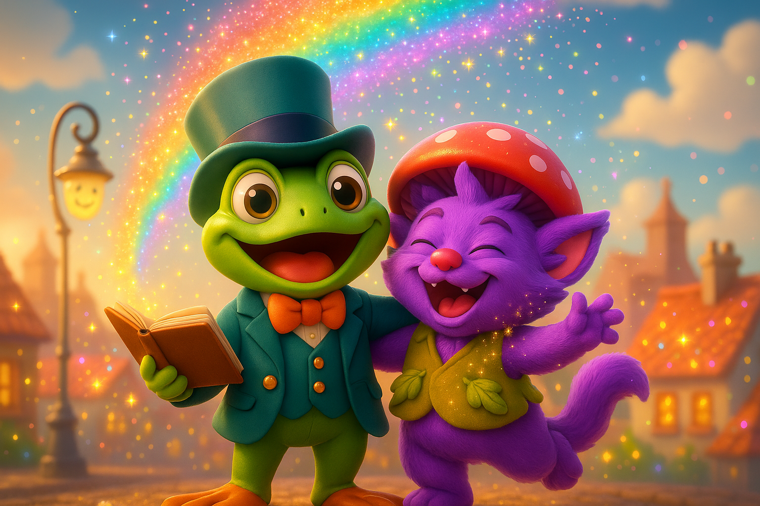 Snoggle and Junior smile as rainbow mist drifts over rooftops and the town glows in gentle light.