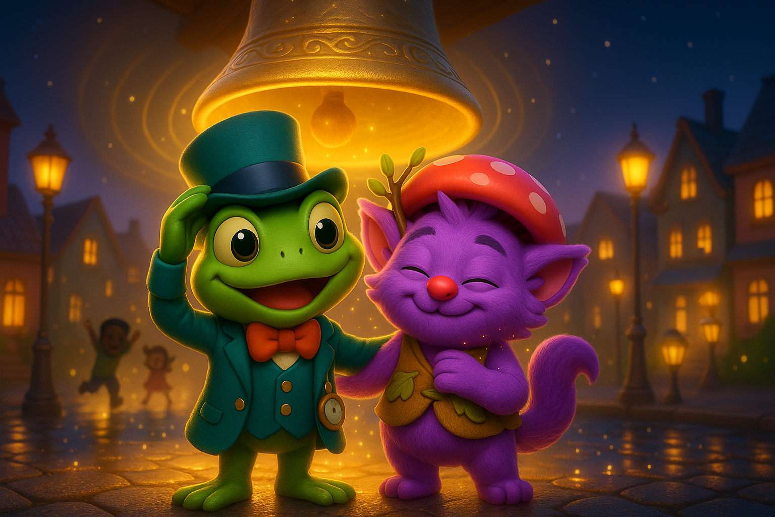 Snoggle and Junior smile under the bell as children dance in shining puddles in the square below.