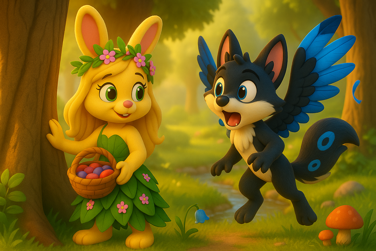 3D cartoon scene in a child friendly style. Leafy the rabbit princess stands in a mossy clearing with soft morning light. Max the young sky courier bird swoops low with ruffled feathers.
