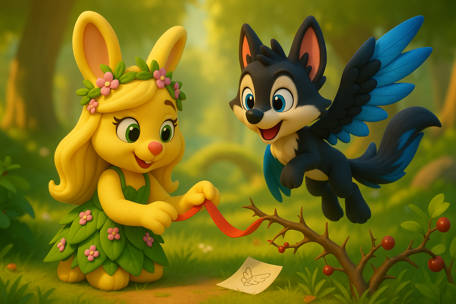 3D cartoon image of Leafy easing a ribbon from berry thorns. Max hovers above on watch. Show a sketch note with wings on the ground. Sunlit root arch ahead. Colors are bright and kind. Soft ambient lighting. Enchanted Forest plants frame the scene. Aspect ratio sixteen by nine.