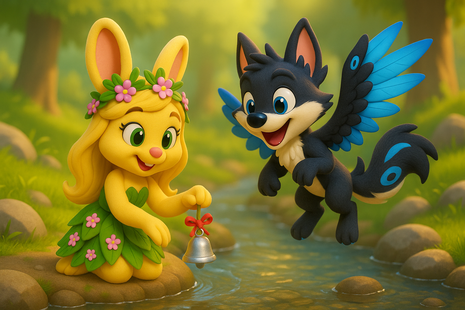 3D cartoon of Leafy kneeling by a clear brook holding a small silver bell. Max dips low above the water. Add a stepping log downstream and mist upstream. Use saturated colors and soft ambient light. Gentle depth of field. Aspect ratio sixteen by nine.